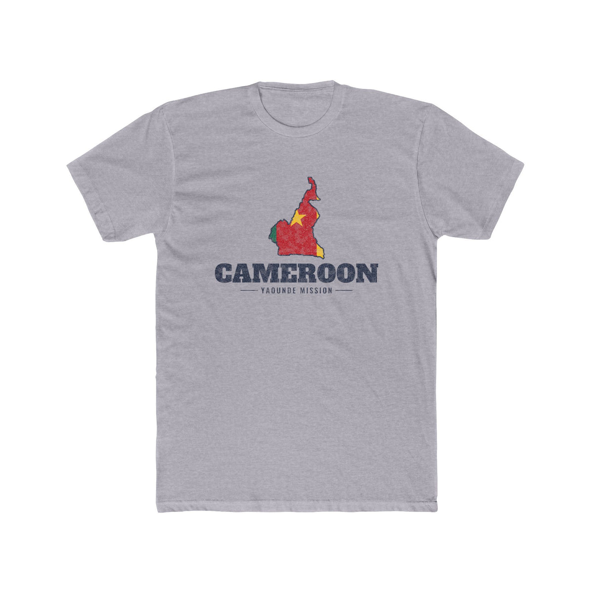 Cameroon Yaounde Mission Flag Map shirt in Heather Grey: flag of Cameroon in the outline of Cameroon with navy lettering, front view