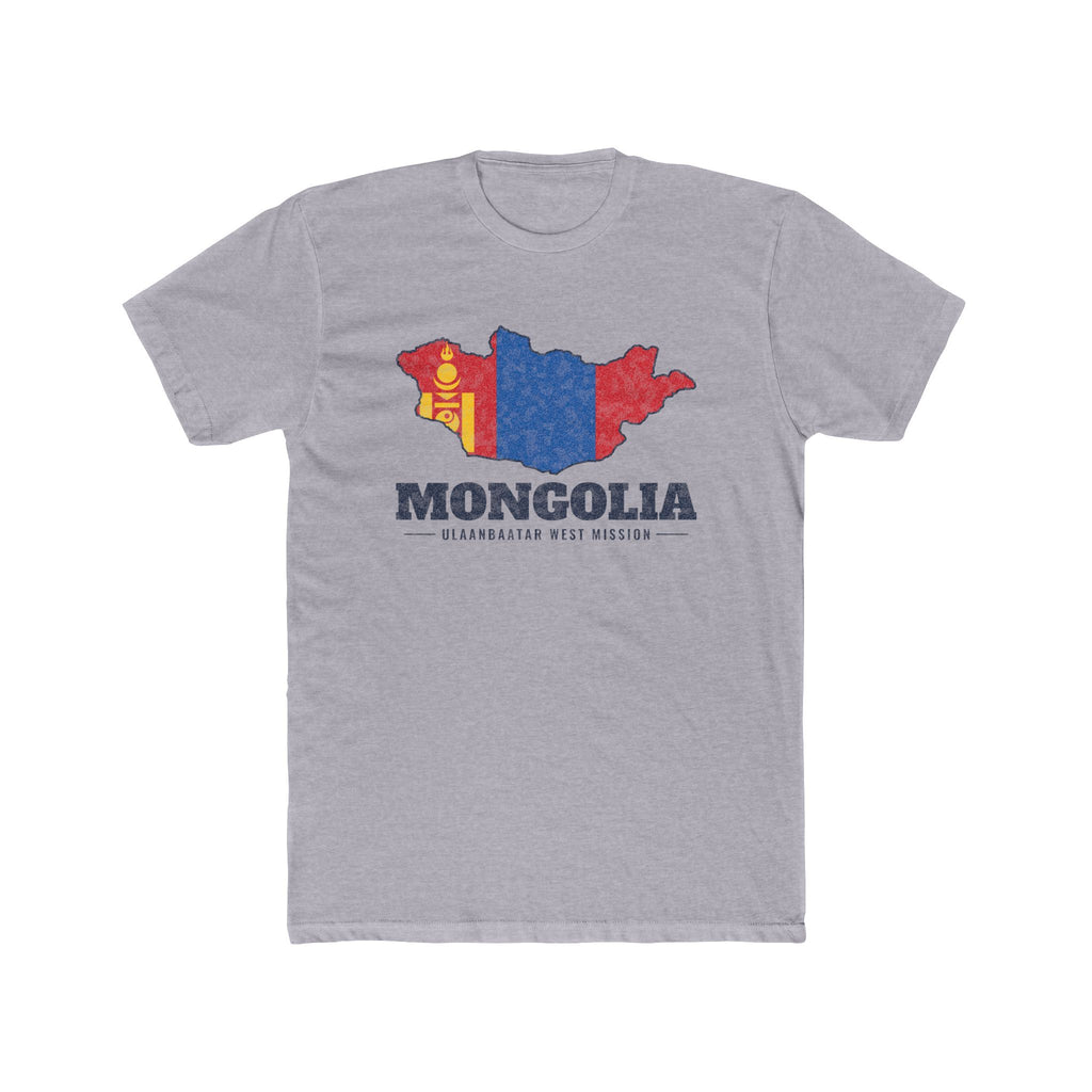 Mongolia Ulaanbaatar West Mission Flag Map shirt in Heather Grey: flag of Mongolia in the outline of Mongolia with navy lettering, front view