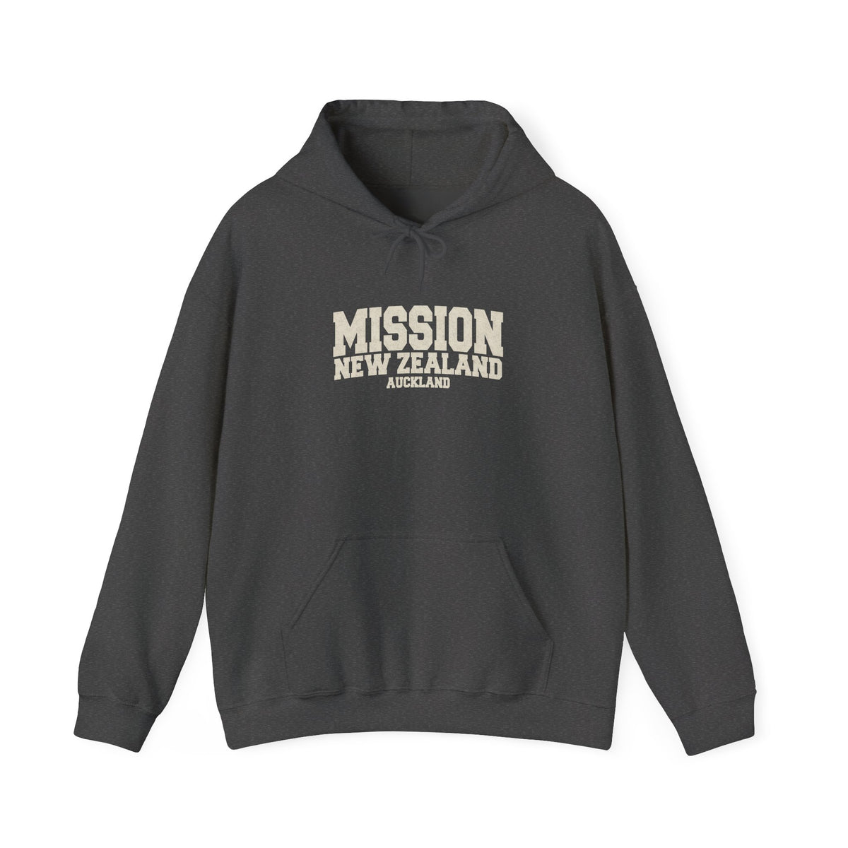New Zealand Auckland Mission Hoodie in Dark Heather, front view with the varsity mission design