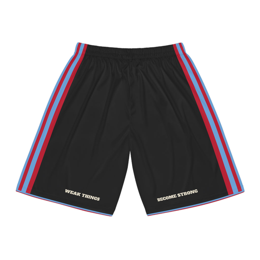 Botswana/Namibia Mission Basketball Shorts, back view with WEAK THINGS and BECOME STRONG on the legs
