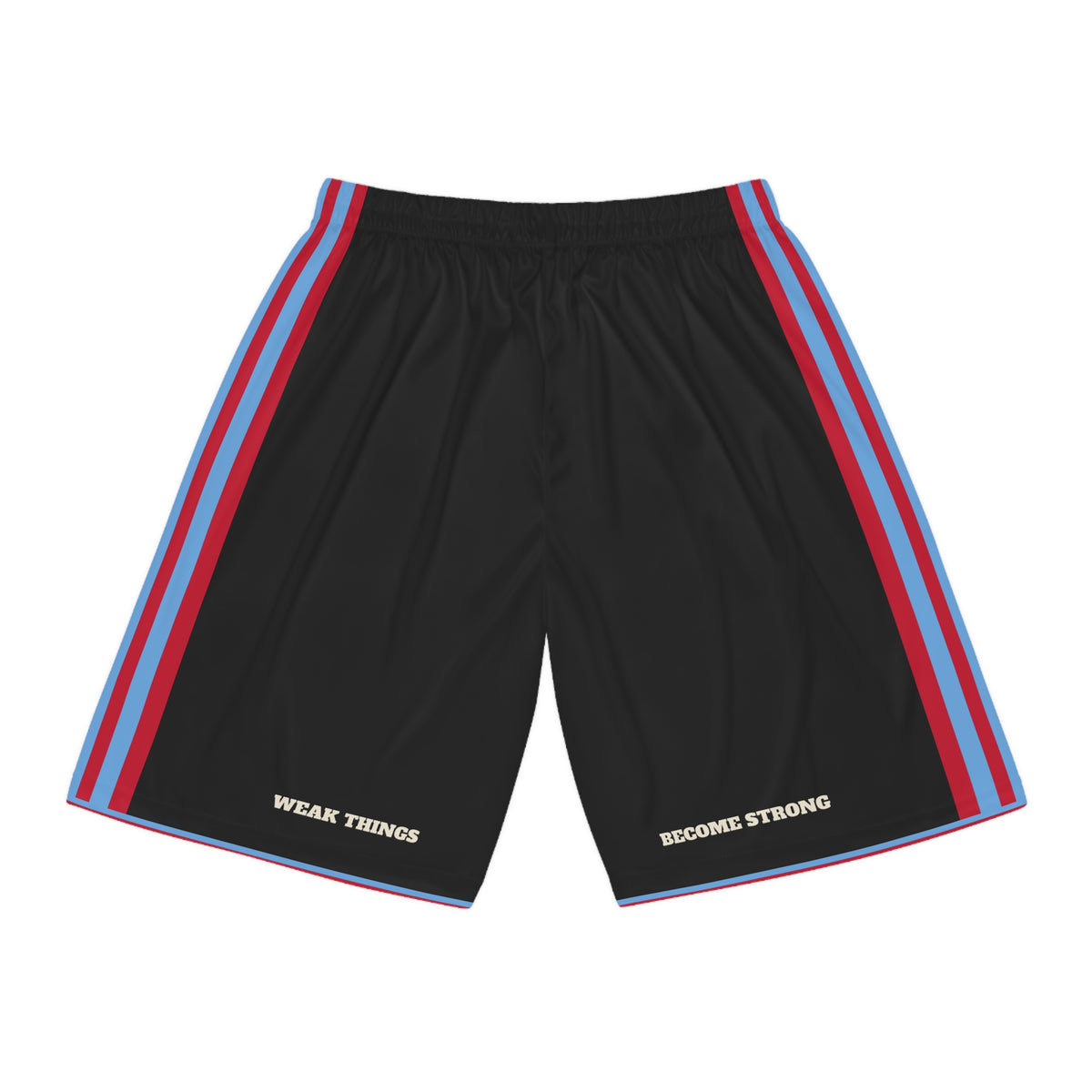 Botswana/Namibia Mission Basketball Shorts, back view with WEAK THINGS and BECOME STRONG on the legs