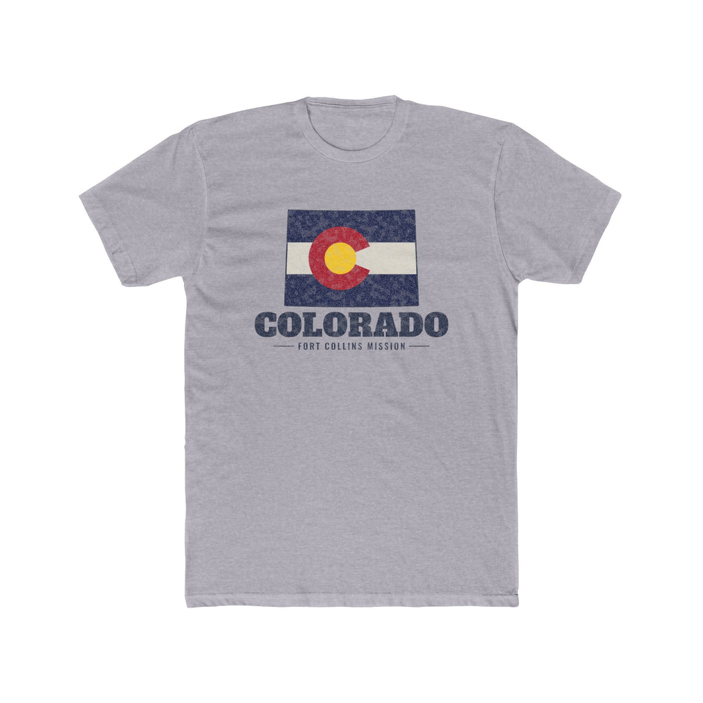 Colorado Fort Collins Mission Flag Map shirt in Heather Grey: Colorado state flag in the outline of Colorado with navy lettering, front view