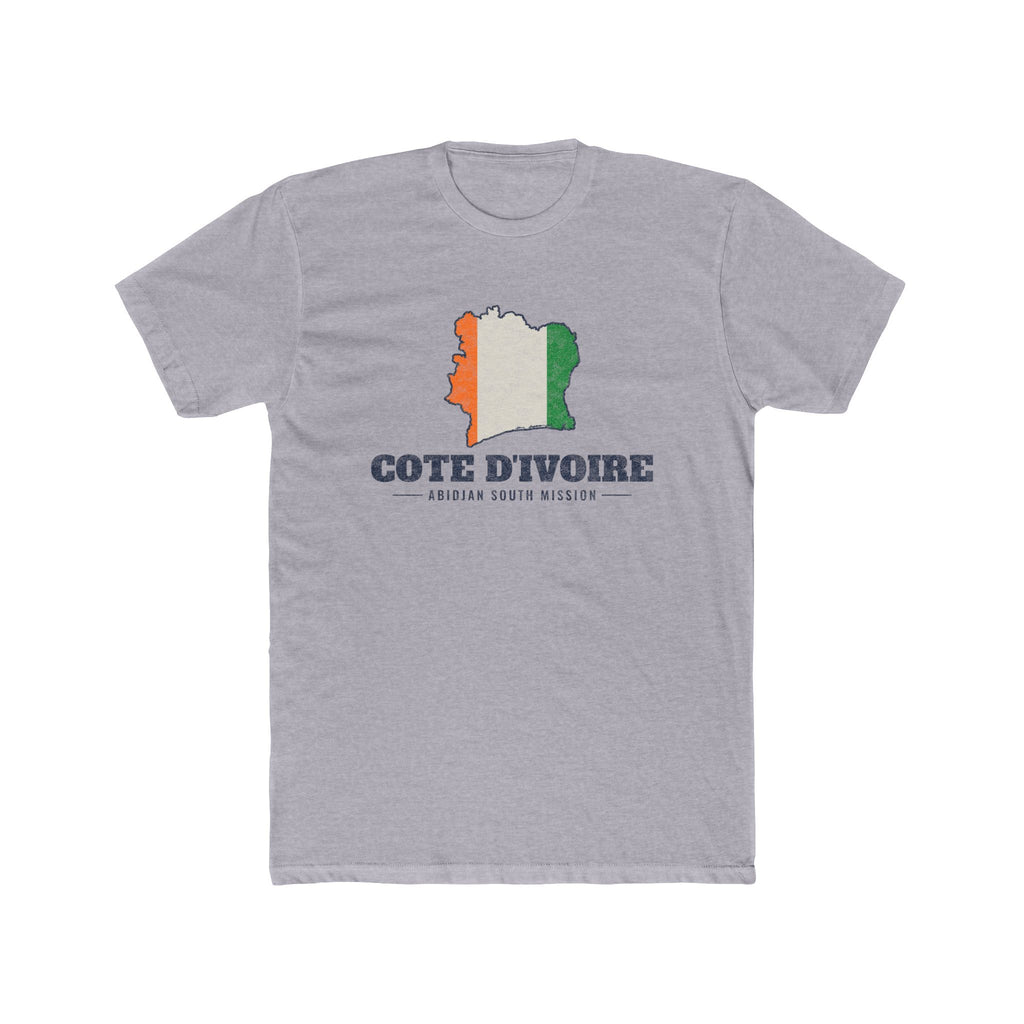 Cote d'Ivoire Abidjan South Mission Flag Map shirt in Heather Grey: flag of Cote d'Ivoire in the outline of Cote d'Ivoire with navy lettering, front view
