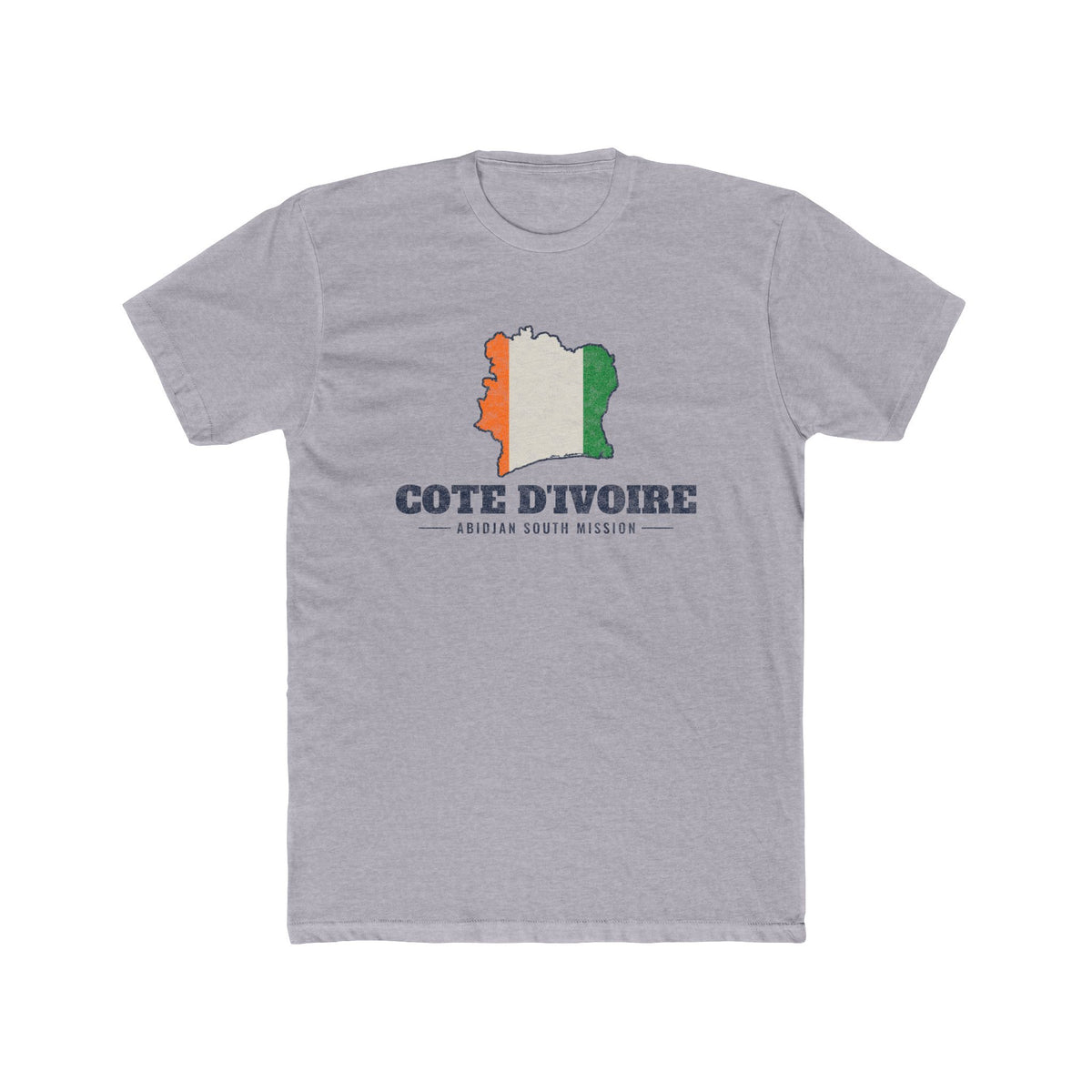 Cote d'Ivoire Abidjan South Mission Flag Map shirt in Heather Grey: flag of Cote d'Ivoire in the outline of Cote d'Ivoire with navy lettering, front view