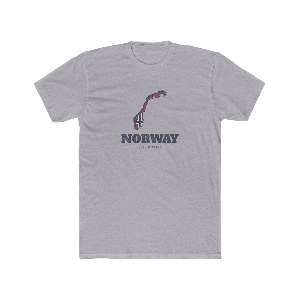 Norway Oslo Mission Flag Map shirt in Heather Grey: flag of Norway in the outline of Norway with navy lettering, front view