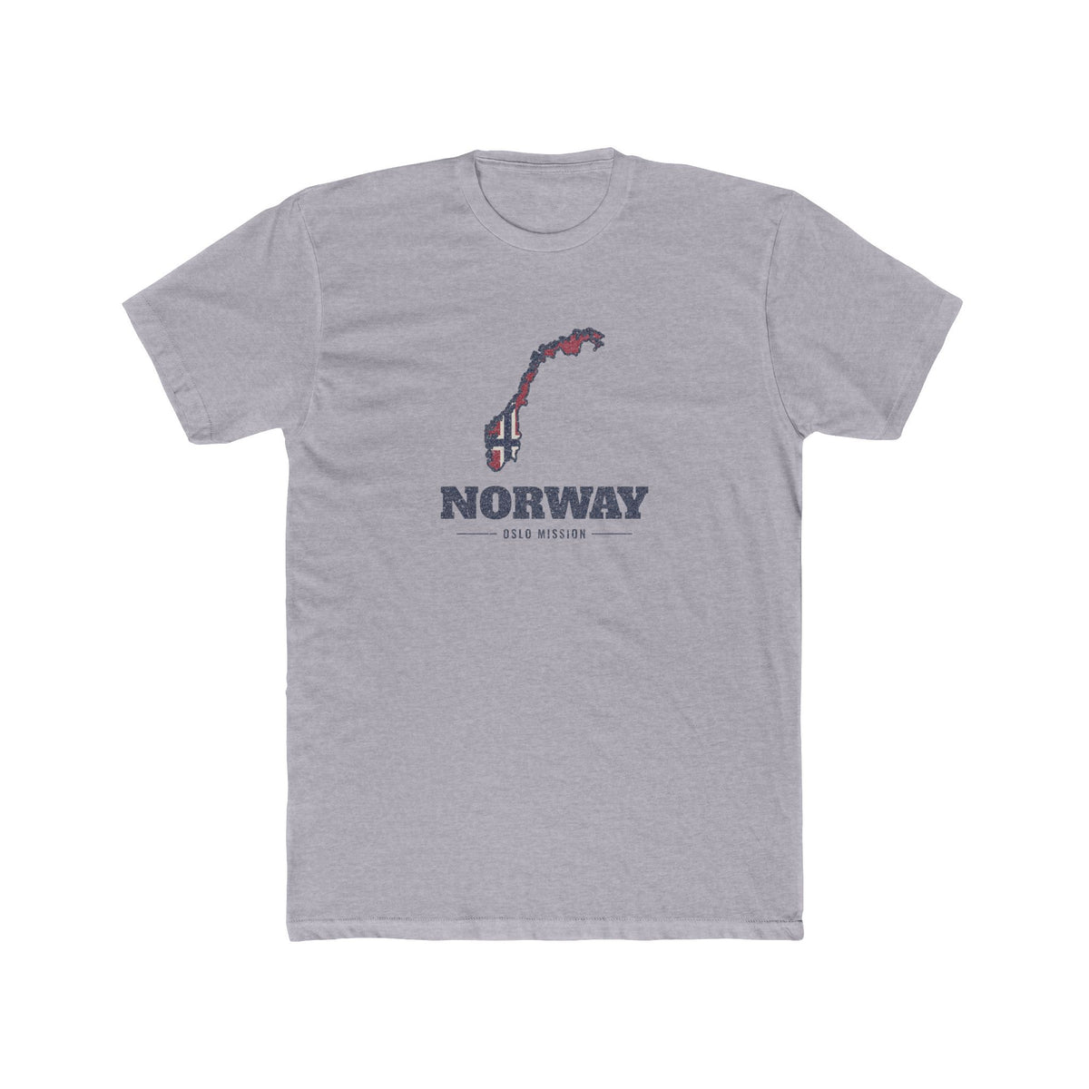 Norway Oslo Mission Flag Map shirt in Heather Grey: flag of Norway in the outline of Norway with navy lettering, front view