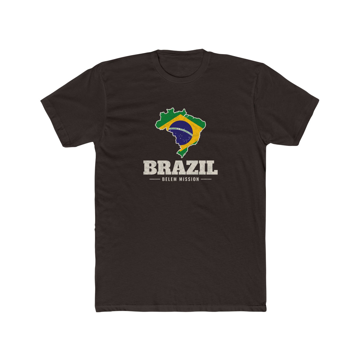 Brazil Belem Mission Flag Map shirt in Dark Chocolate: flag of Brazil in the outline of Brazil with cream lettering, front view