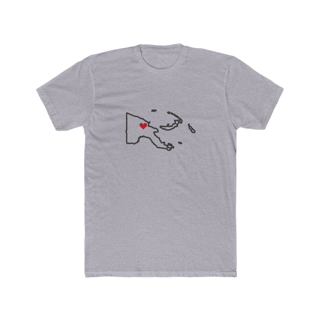 Papua New Guinea Madang Mission Heart Map shirt in Heather Grey: Papua New Guinea outline with a red heart, front view