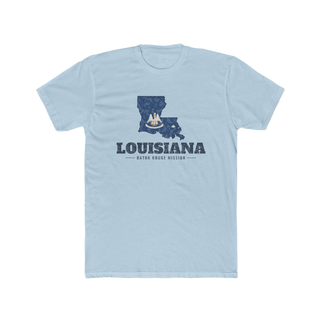 Louisiana Baton Rouge Mission Flag Map shirt in Desert Pink: Louisiana state flag in the outline of Louisiana with navy lettering, front view
