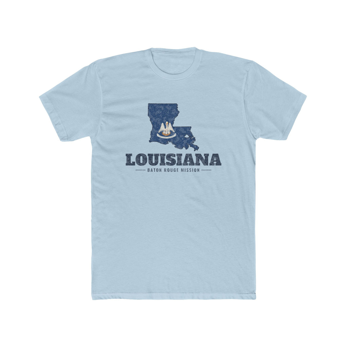 Louisiana Baton Rouge Mission Flag Map shirt in Desert Pink: Louisiana state flag in the outline of Louisiana with navy lettering, front view