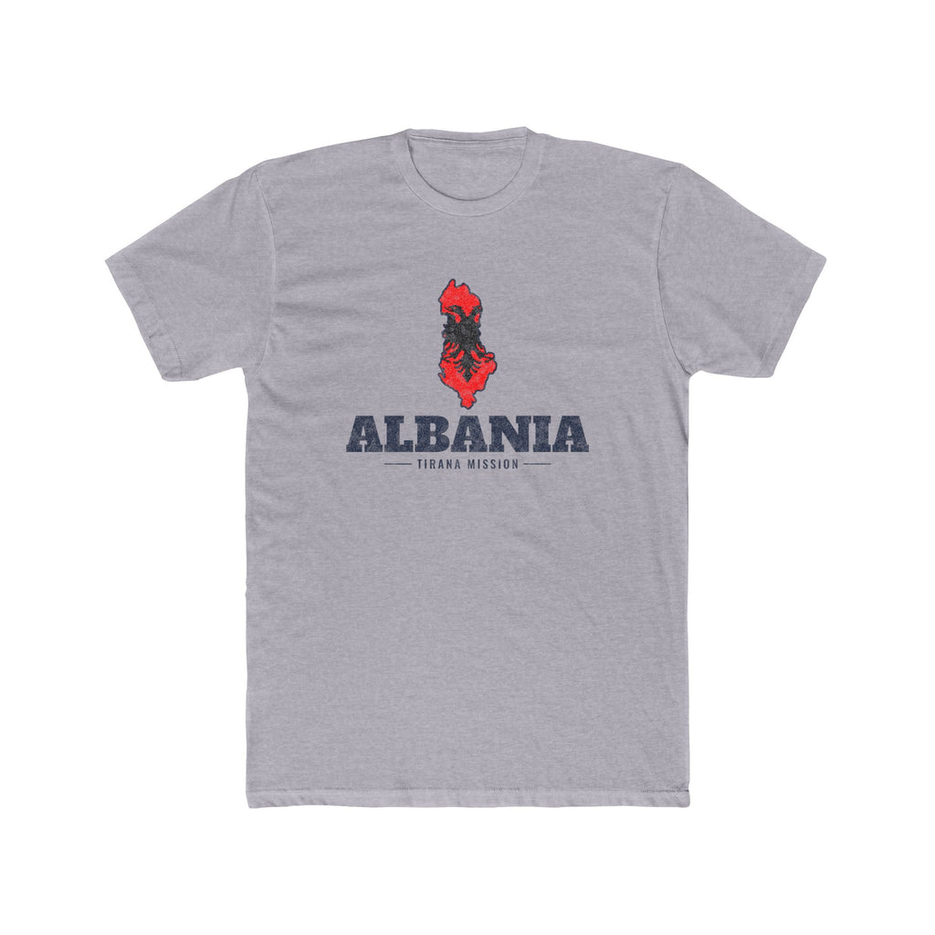 Albania Tirana Mission Flag Map shirt in Heather Grey: flag of Albania in the outline of Albania with navy lettering, front view