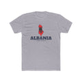 Albania Tirana Mission Flag Map shirt in Heather Grey: flag of Albania in the outline of Albania with navy lettering, front view