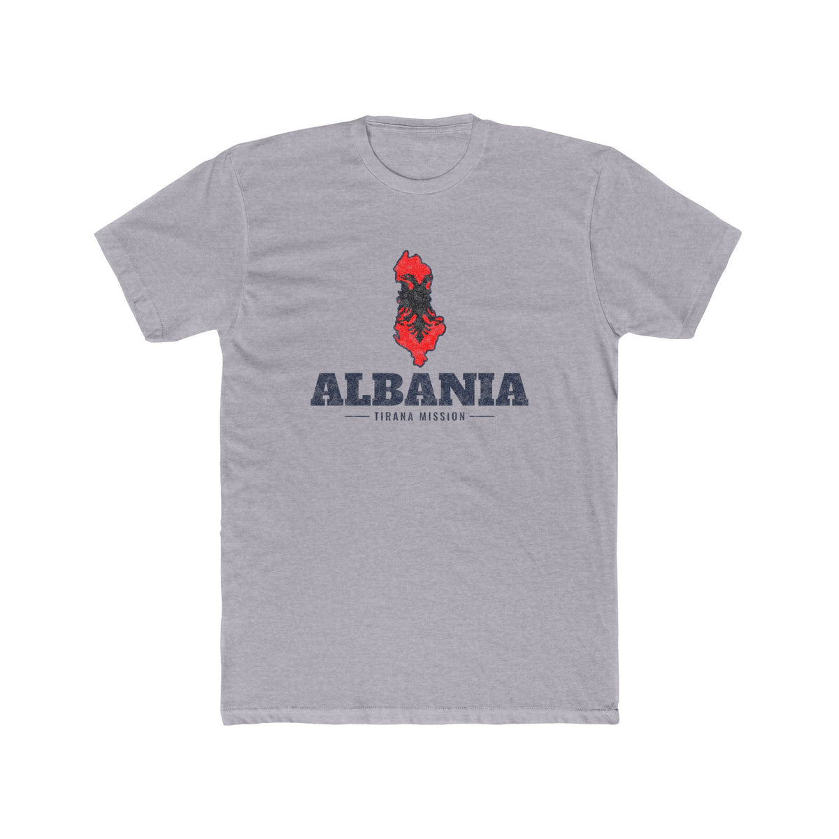 Albania Tirana Mission Flag Map shirt in Heather Grey: flag of Albania in the outline of Albania with navy lettering, front view