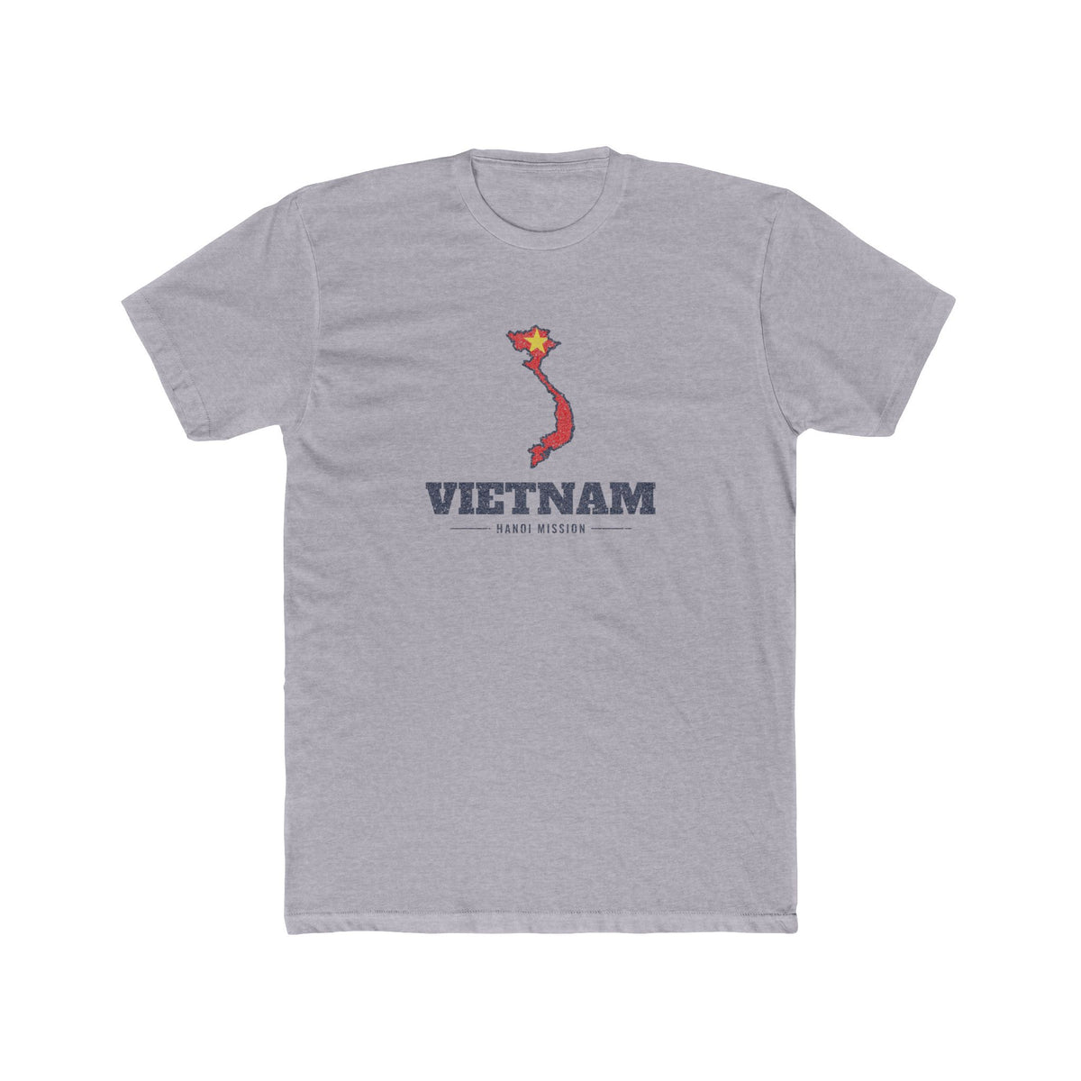 Vietnam Hanoi Mission Flag Map shirt in Heather Grey: flag of Vietnam in the outline of Vietnam with navy lettering, front view