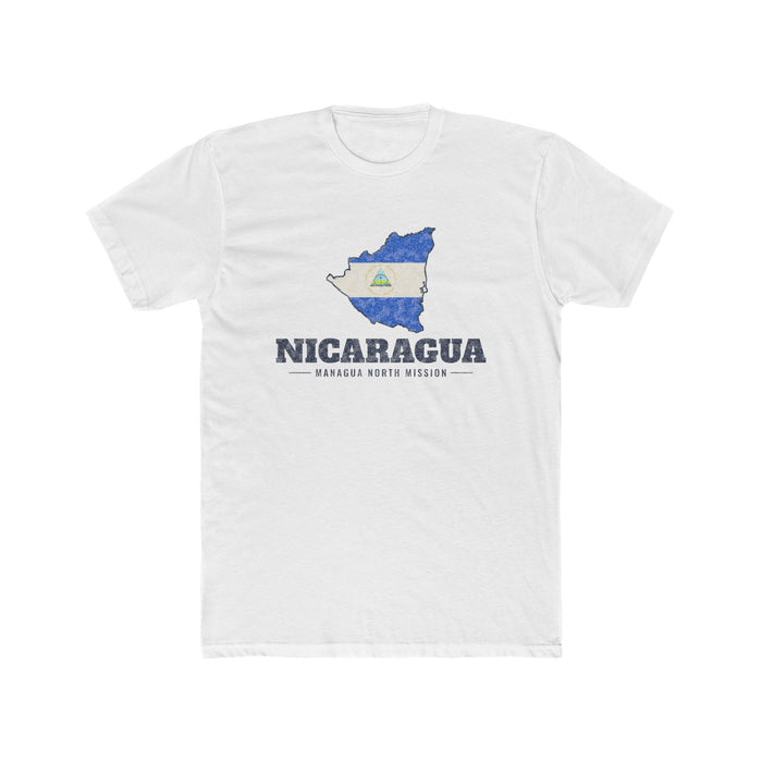 Nicaragua Managua North Mission Flag Map shirt in White: flag of Nicaragua in the outline of Nicaragua with navy lettering, front view