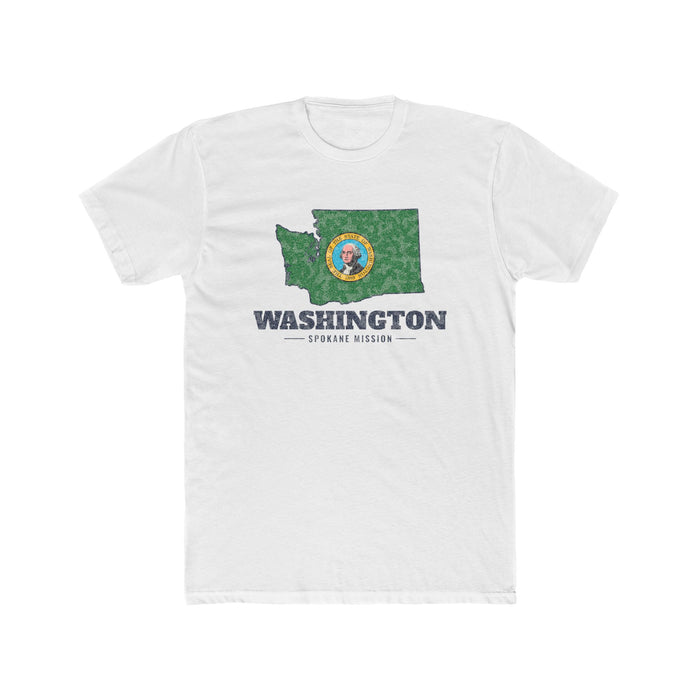 Washington Spokane Mission Flag Map shirt in White: Washington state flag in the outline of Washington with navy lettering, front view