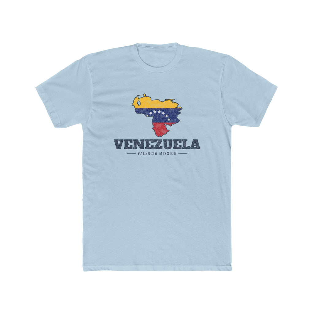 Venezuela Valencia Mission Flag Map shirt in Desert Pink: flag of Venezuela in the outline of Venezuela with navy lettering, front view