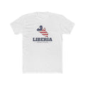 Liberia Monrovia Mission Flag Map shirt in White: flag of Liberia in the outline of Liberia with navy lettering, front view