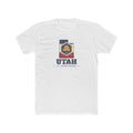 Utah St. George Mission Flag Map shirt in White: Utah state flag in the outline of Utah with navy lettering, front view