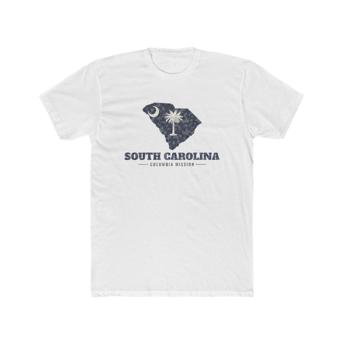 South Carolina Columbia Mission Flag Map shirt in White: South Carolina state flag in the outline of South Carolina with navy lettering, front view