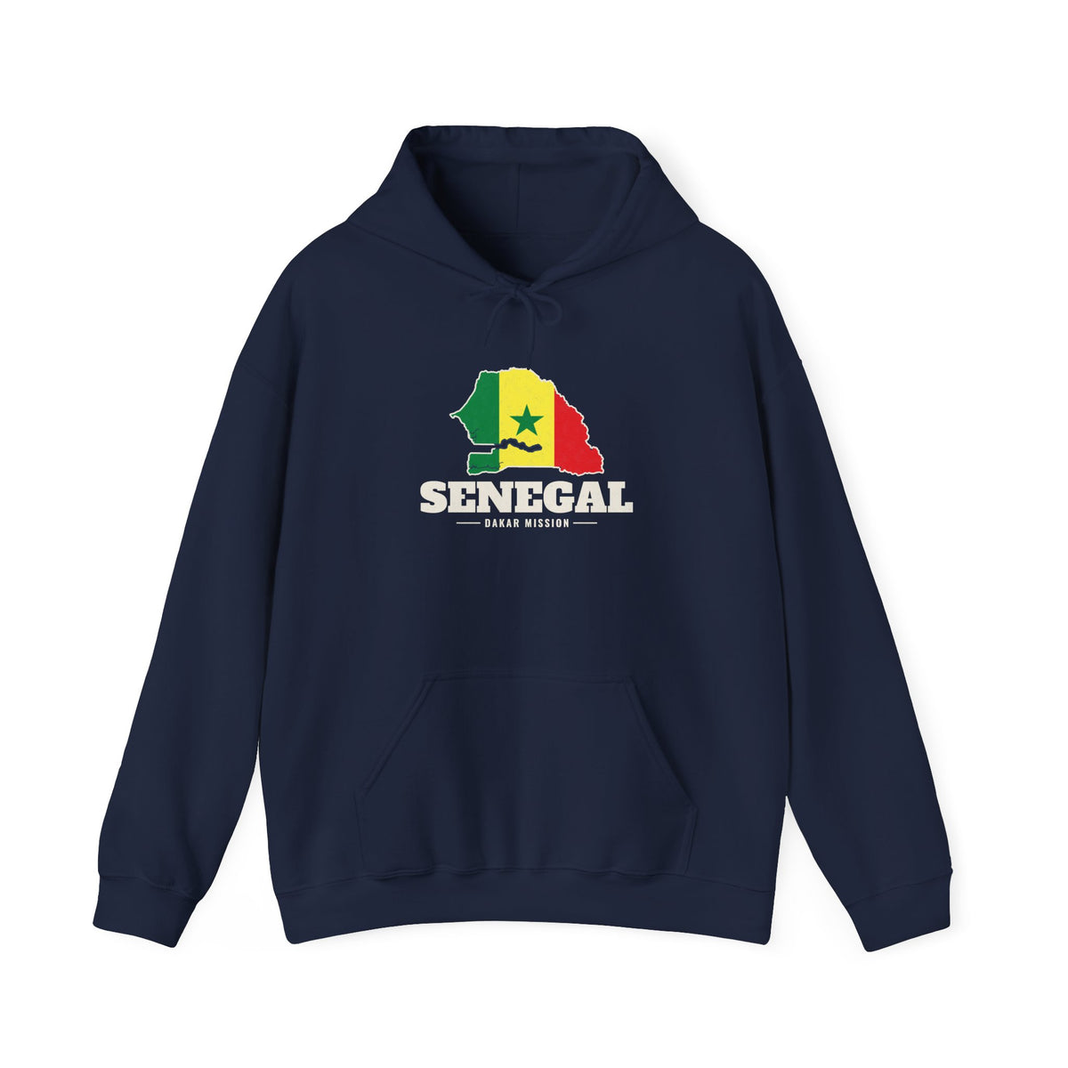 Senegal Dakar Mission Flag Map Hoodie in Navy, front view with the flag map and mission name