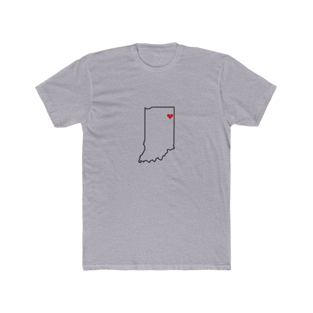 Indiana Fort Wayne Mission Heart Map shirt in Heather Grey: Indiana outline with a red heart, front view