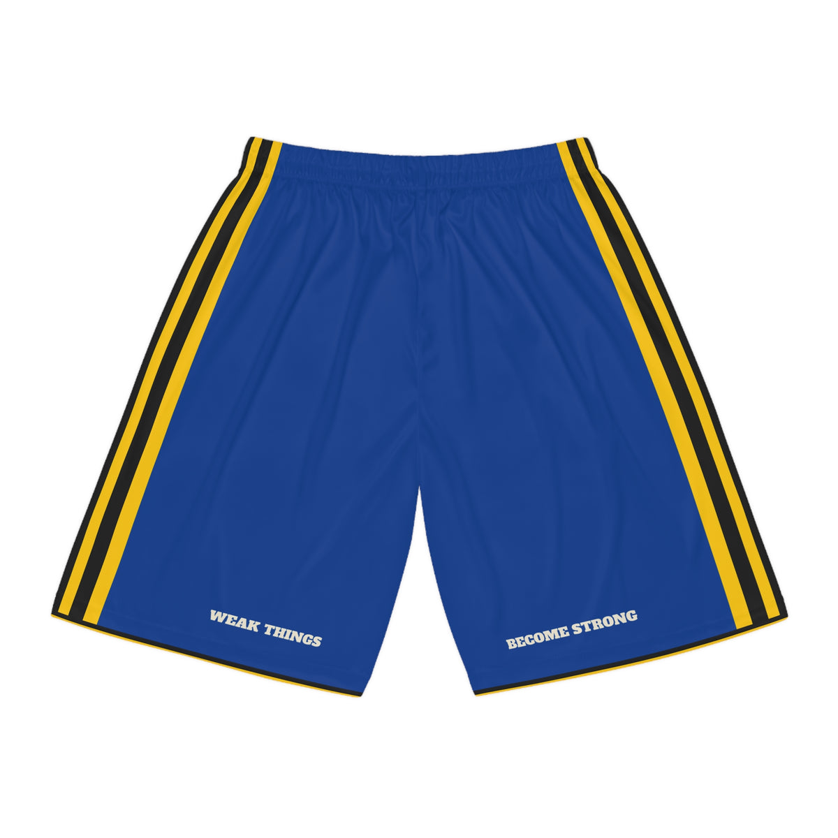 Barbados Bridgetown Mission Basketball Shorts, back view with WEAK THINGS and BECOME STRONG on the legs
