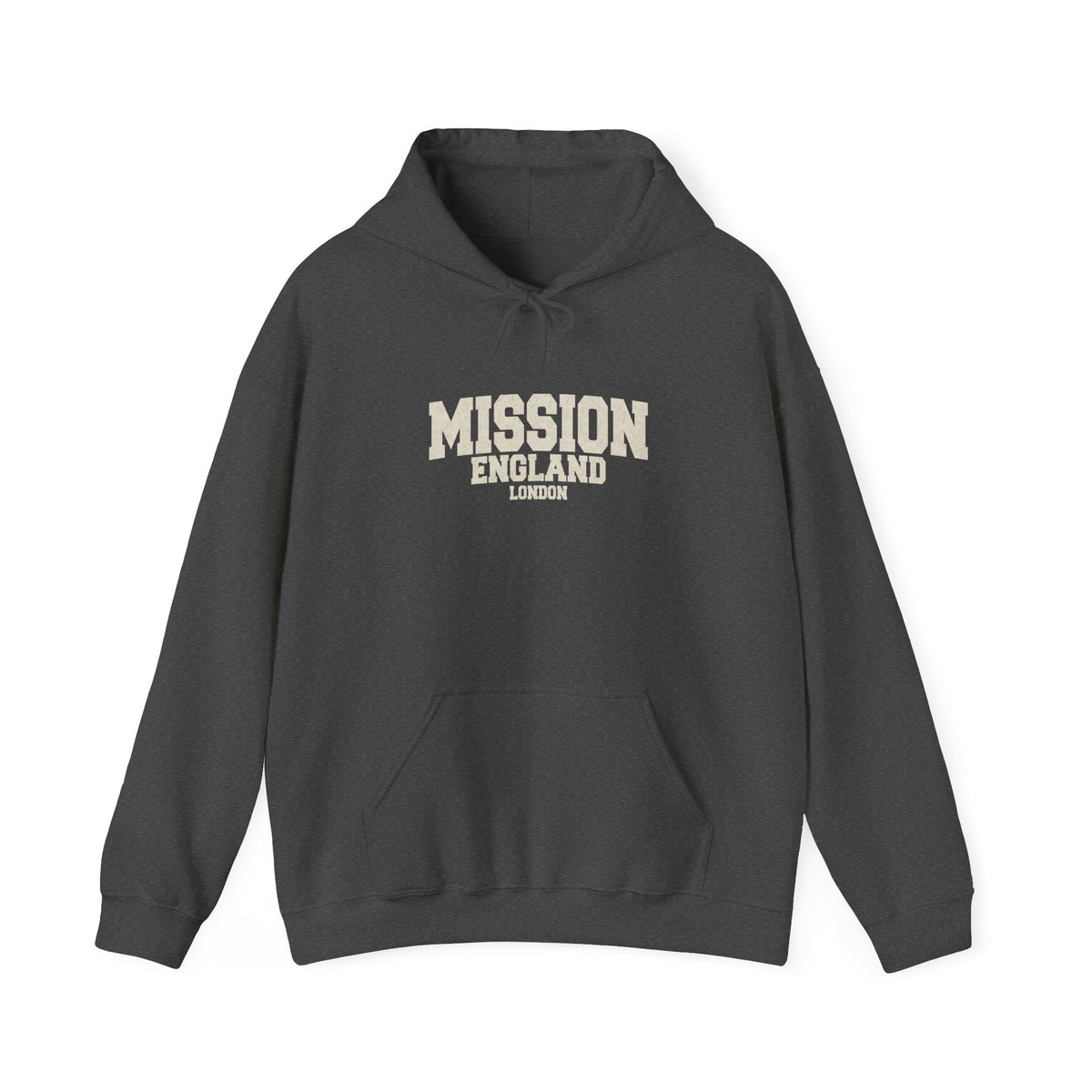 England London Mission Hoodie in Dark Heather, front view with the varsity mission design