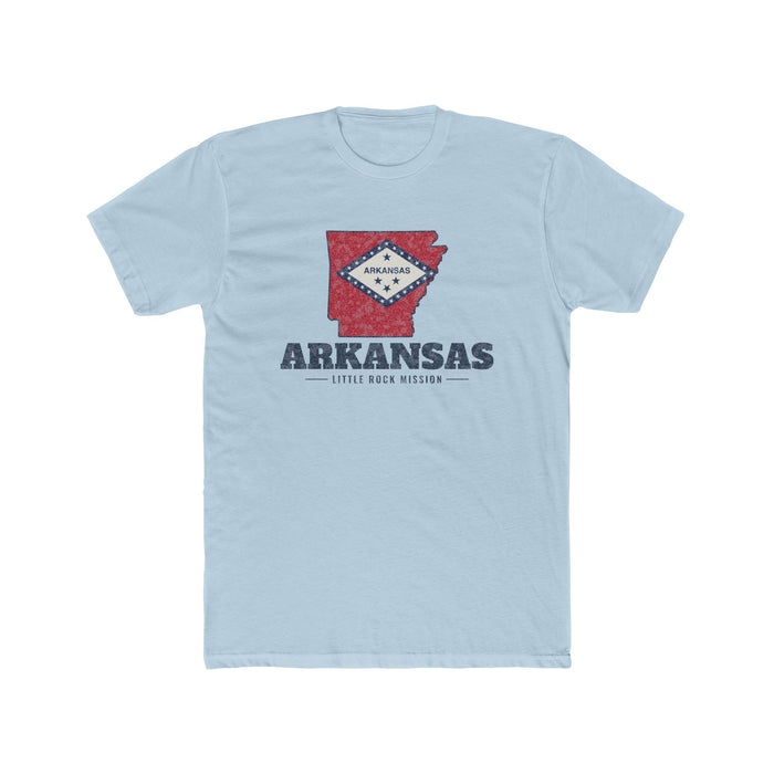 Arkansas Little Rock Mission Flag Map shirt in Light Blue: Arkansas state flag in the outline of Arkansas with navy lettering, front view