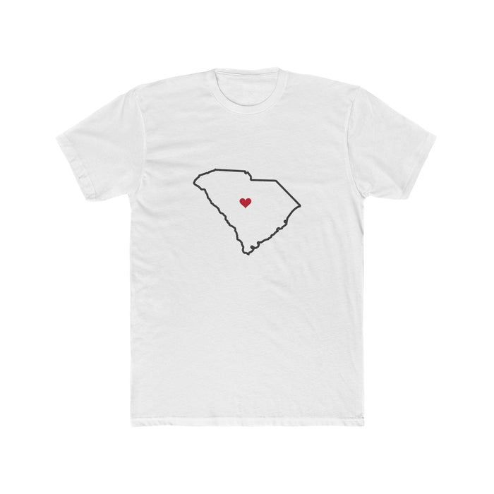 South Carolina Columbia Mission Heart Map shirt in White: South Carolina outline with a red heart, front view