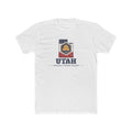 Utah Saratoga Springs Mission Flag Map shirt in White: Utah state flag in the outline of Utah with navy lettering, front view