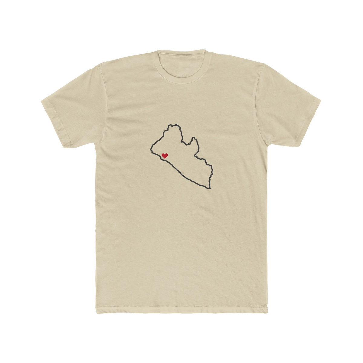 Liberia Monrovia West Mission Heart Map shirt in Cream: Liberia outline with a red heart, front view