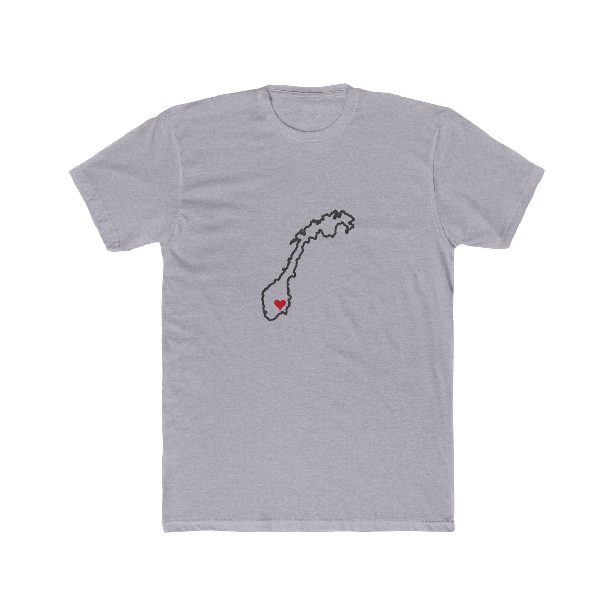 Norway Oslo Mission Heart Map shirt in Heather Grey: Norway outline with a red heart, front view
