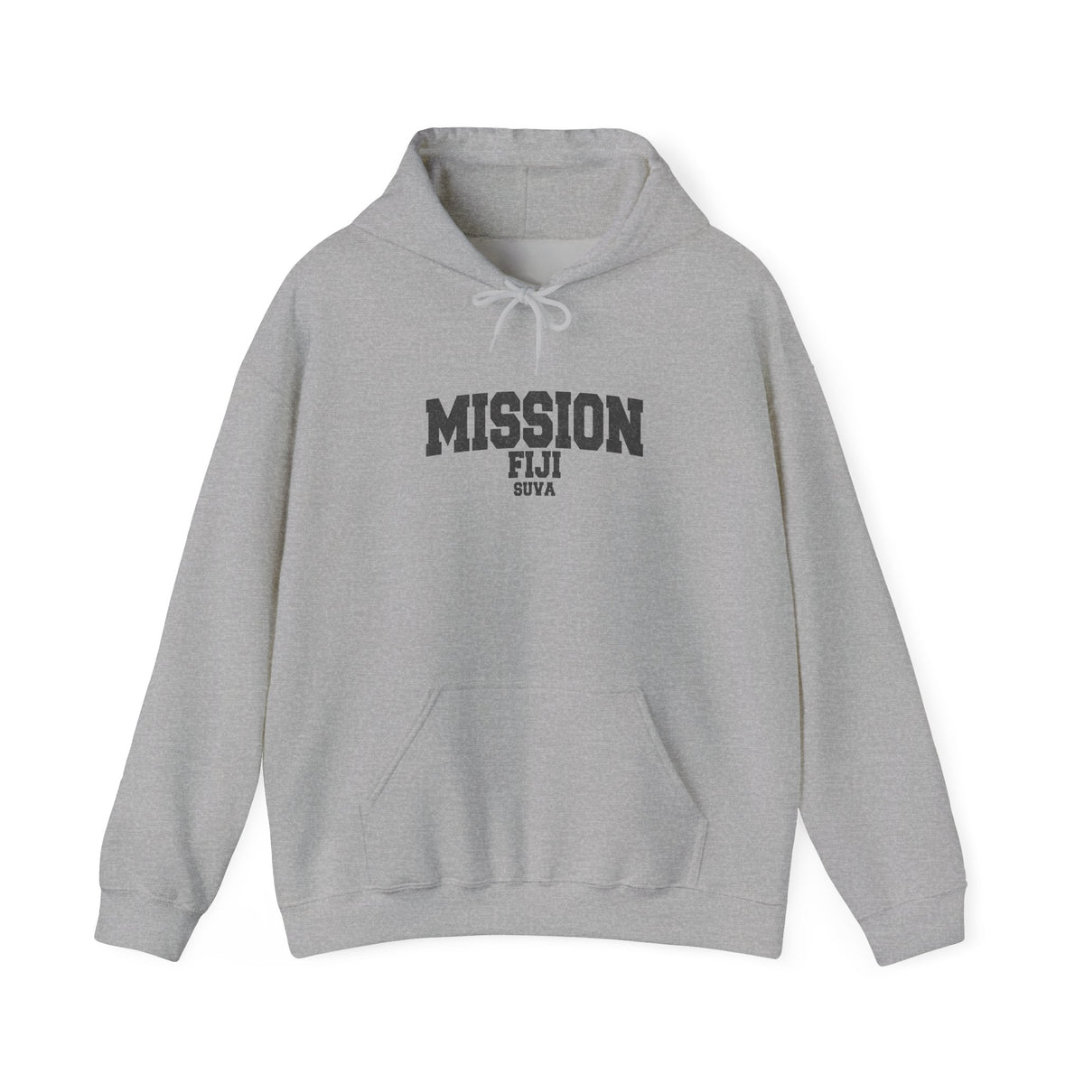 Fiji Suva Mission Hoodie in Sport Grey, front view with the varsity mission design