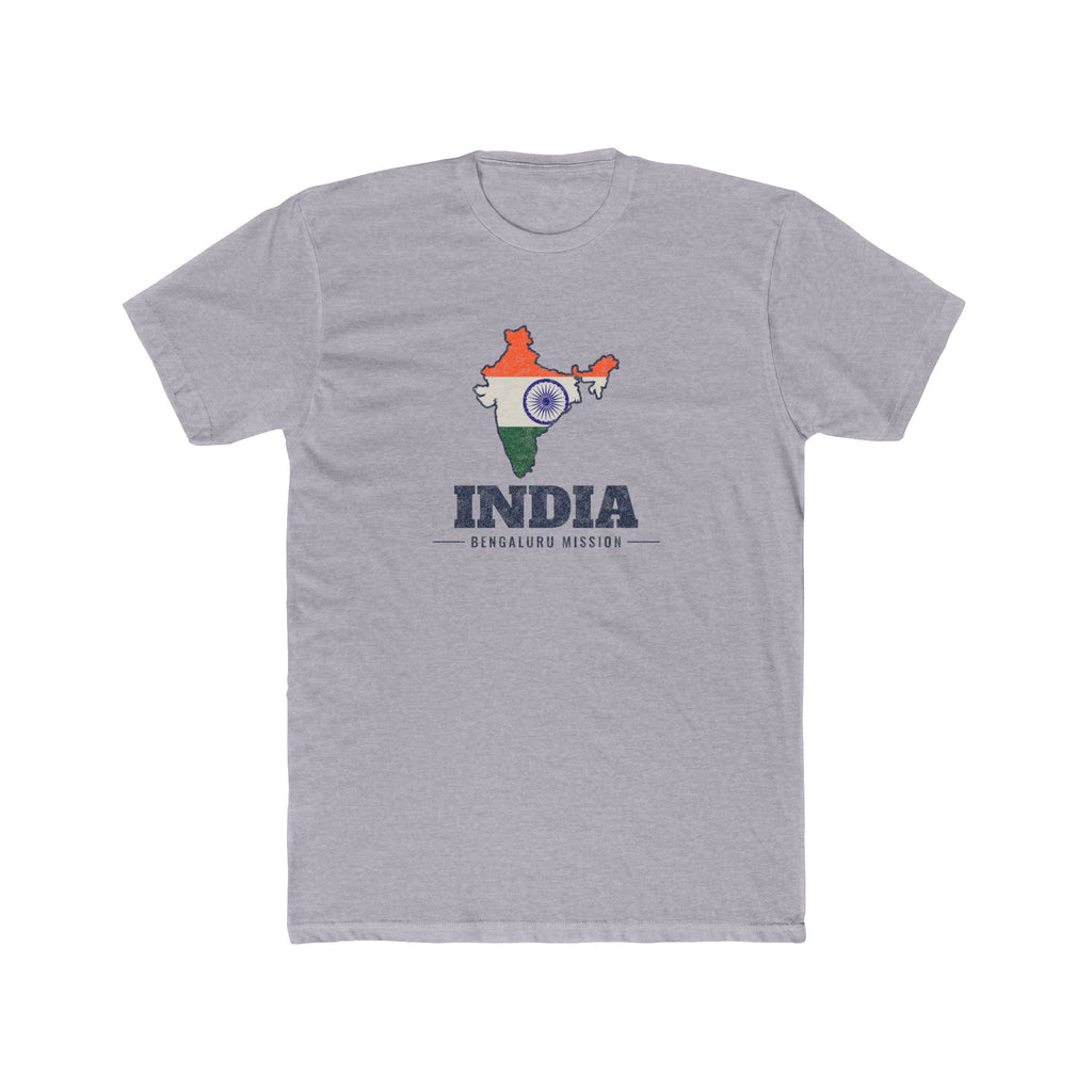 India Bengaluru Mission Flag Map shirt in Heather Grey: flag of India in the outline of India with navy lettering, front view