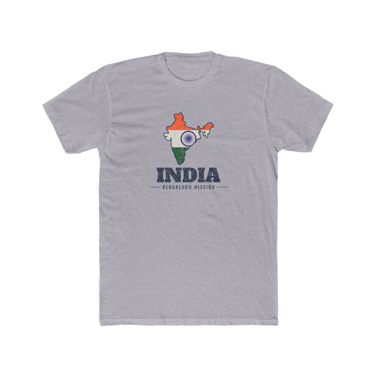India Bengaluru Mission Flag Map shirt in Heather Grey: flag of India in the outline of India with navy lettering, front view