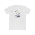 Italy Milan Mission Flag Map shirt in White: flag of Italy in the outline of Italy with navy lettering, front view