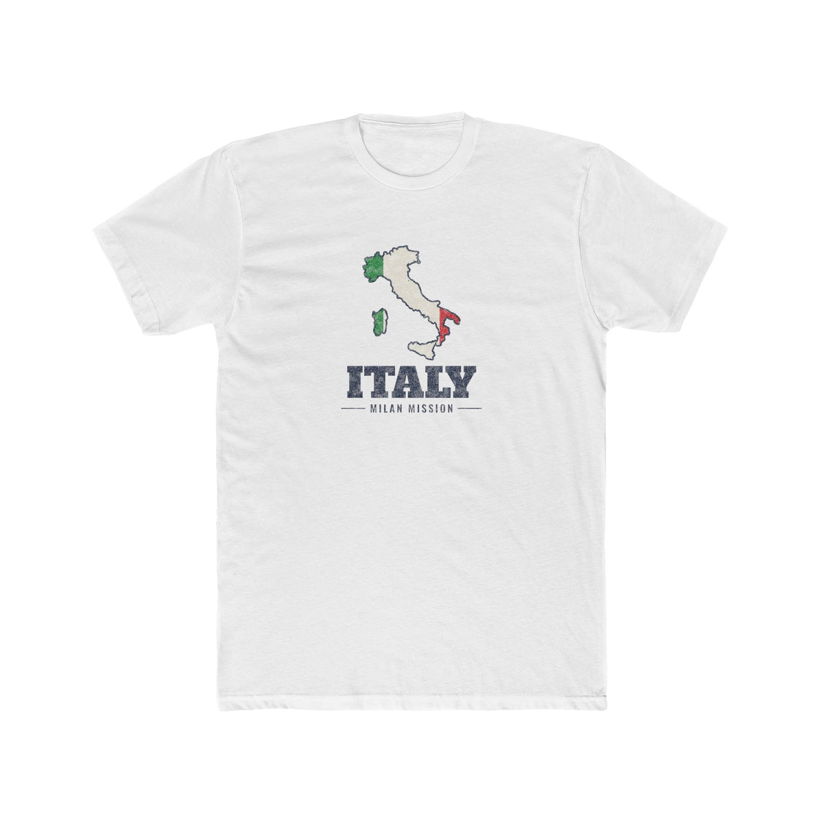 Italy Milan Mission Flag Map shirt in White: flag of Italy in the outline of Italy with navy lettering, front view