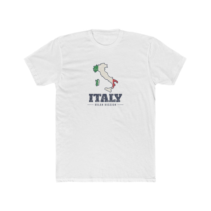Italy Milan Mission Flag Map shirt in White: flag of Italy in the outline of Italy with navy lettering, front view