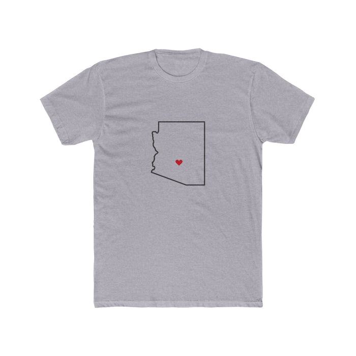 Arizona Mesa Mission Heart Map shirt in Heather Grey: Arizona outline with a red heart, front view