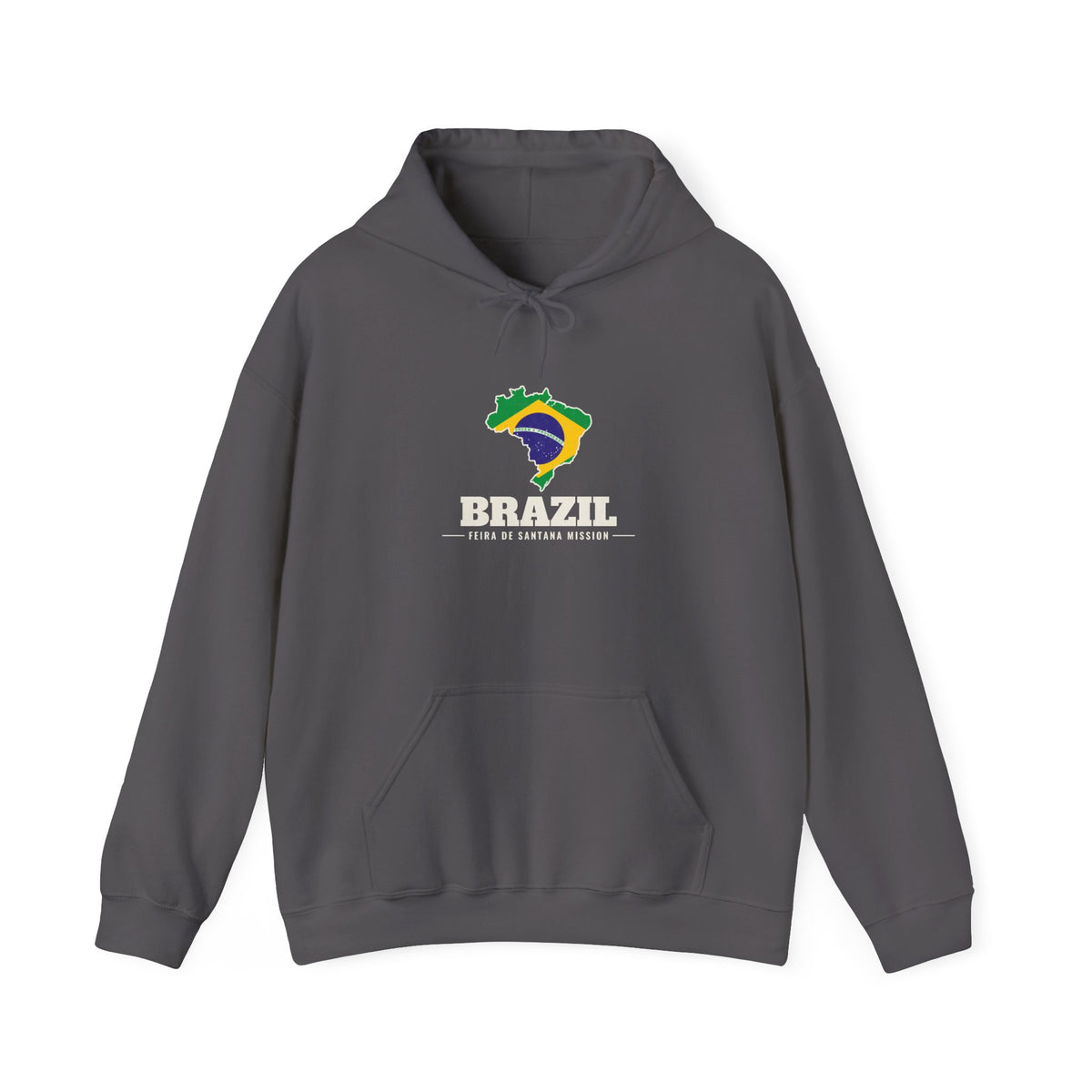 Brazil Feira de Santana Mission Flag Map Hoodie in Charcoal, front view with the Brazil flag map and mission name