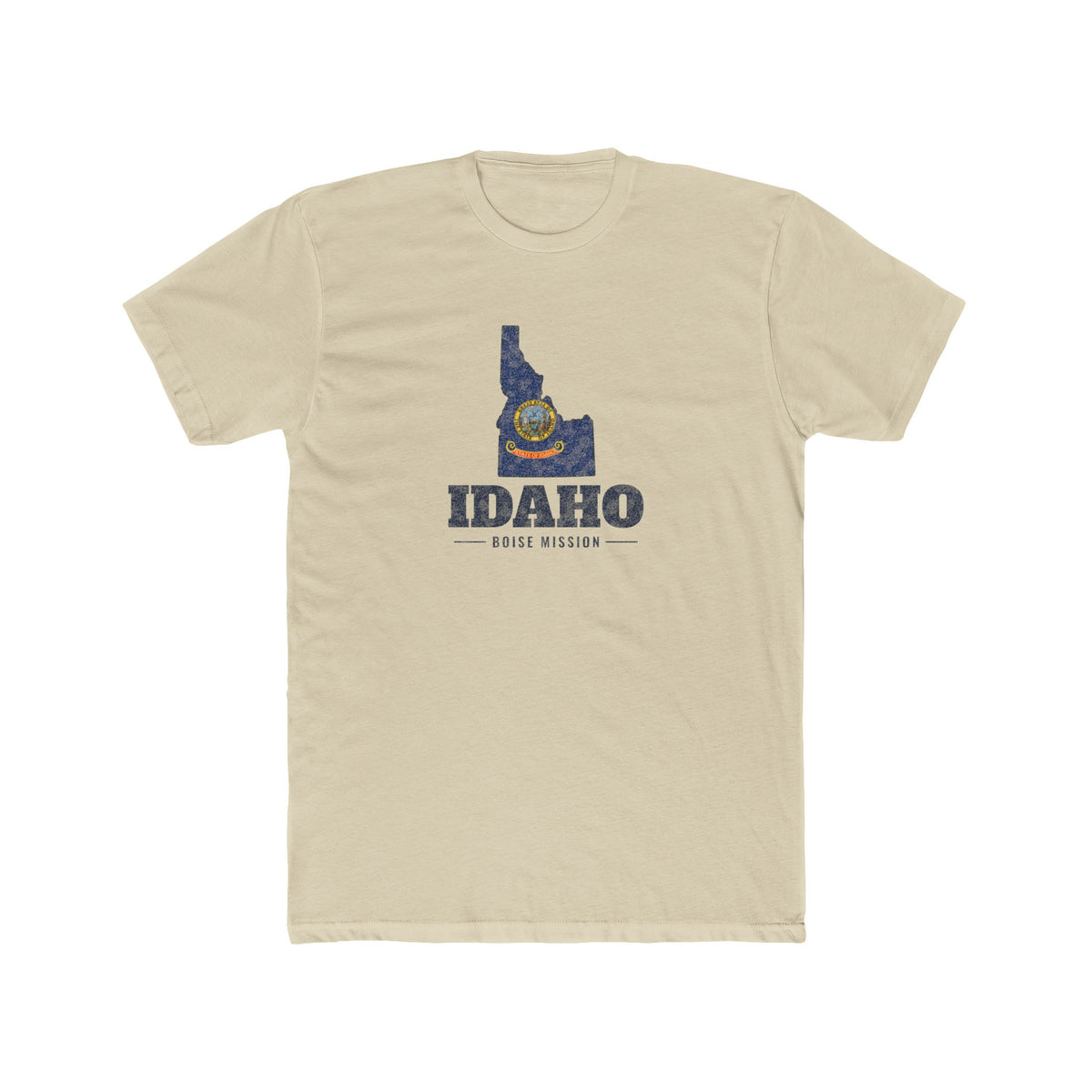 Idaho Boise Mission Flag Map shirt in Cream: Idaho state flag in the outline of Idaho with navy lettering, front view