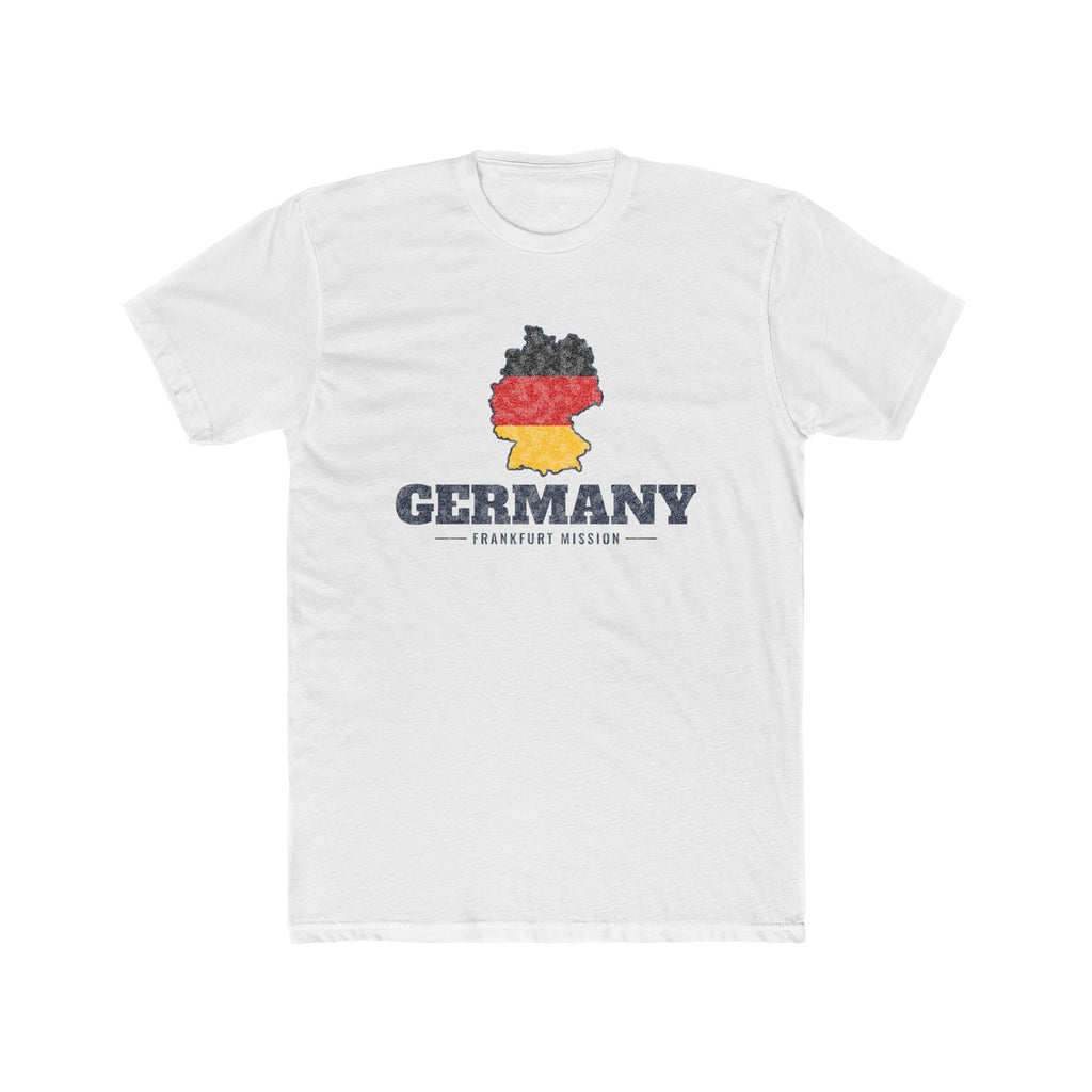 Germany Frankfurt Mission Flag Map shirt in White: flag of Germany in the outline of Germany with navy lettering, front view
