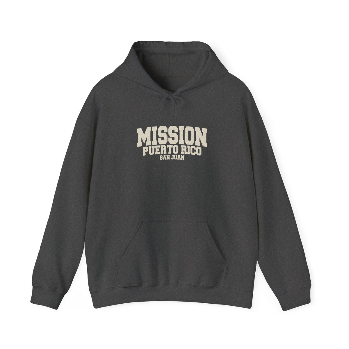 Puerto Rico San Juan Mission Hoodie in Dark Heather, front view with the varsity mission design