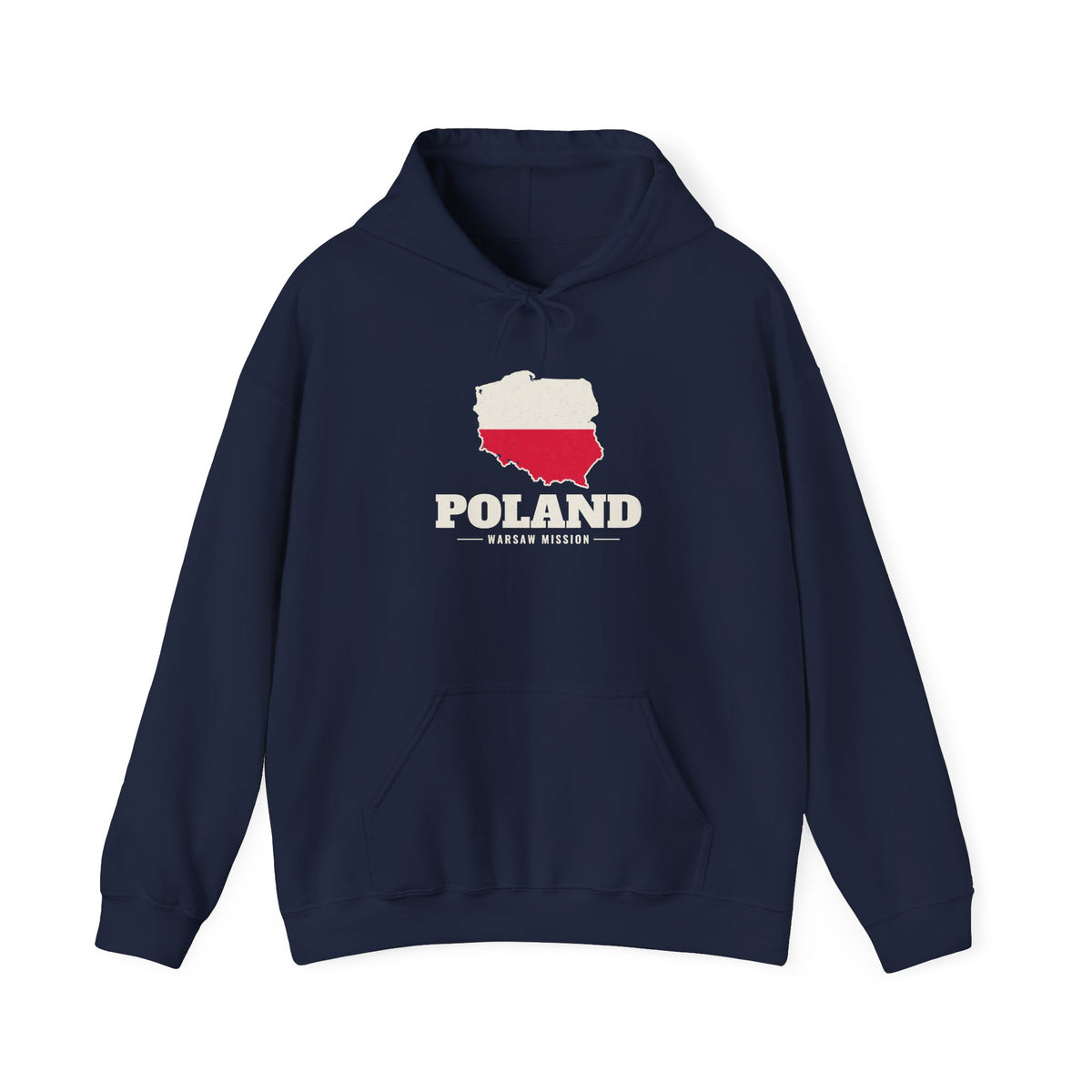 Poland Warsaw Mission Flag Map Hoodie in Navy, front view with the flag map and mission name