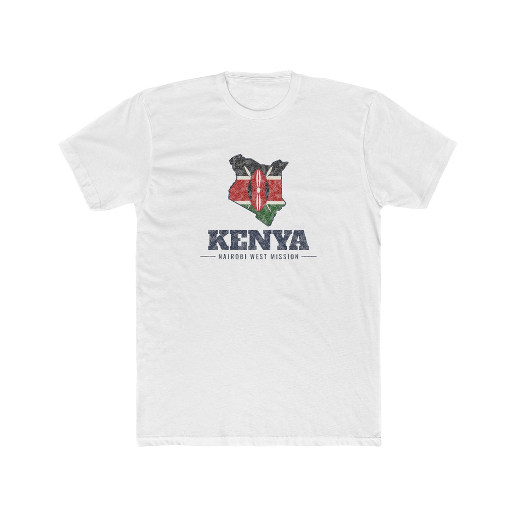 Kenya Nairobi West Mission Flag Map shirt in White: flag of Kenya in the outline of Kenya with navy lettering, front view