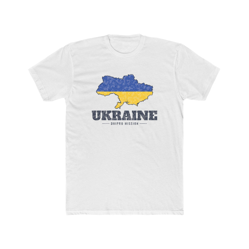 Ukraine Dnipro Mission Flag Map shirt in White: flag of Ukraine in the outline of Ukraine with navy lettering, front view