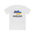 Ukraine Dnipro Mission Flag Map shirt in White: flag of Ukraine in the outline of Ukraine with navy lettering, front view
