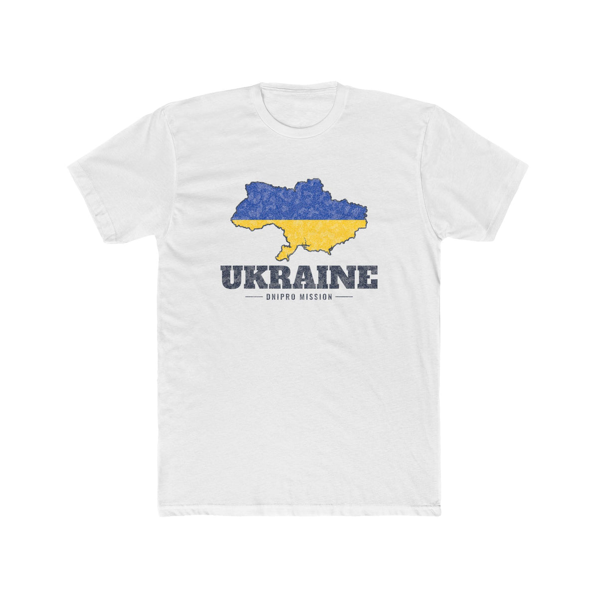 Ukraine Dnipro Mission Flag Map shirt in White: flag of Ukraine in the outline of Ukraine with navy lettering, front view