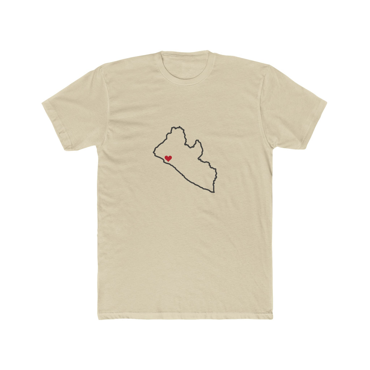 Liberia Monrovia Mission Heart Map shirt in Cream: Liberia outline with a red heart, front view